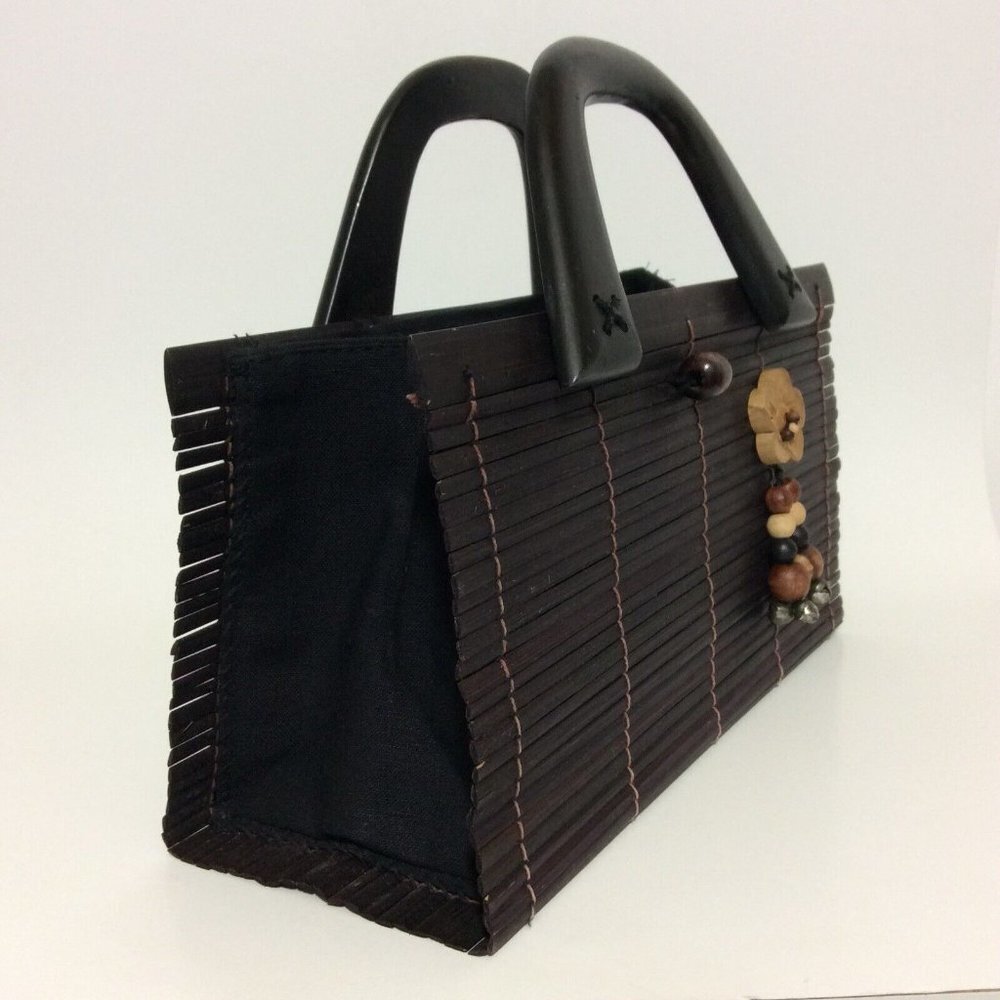 Womens Handmade Bamboo Handbag Wood Handles Loop Button Closure  Brown - Picture 3 of 12